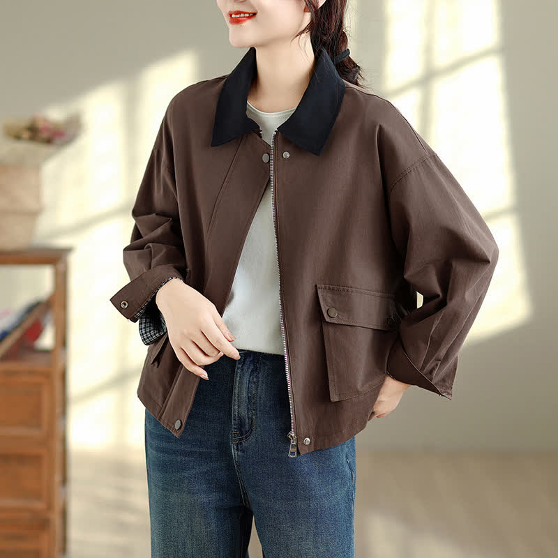Buddha Stones Chaqueta minimalista retro de color liso para mujer, ideal para primavera y otoño, con bolsillo. - Marrón silla de montar - US6, UK/AU10, EU38 (XL) - image 0