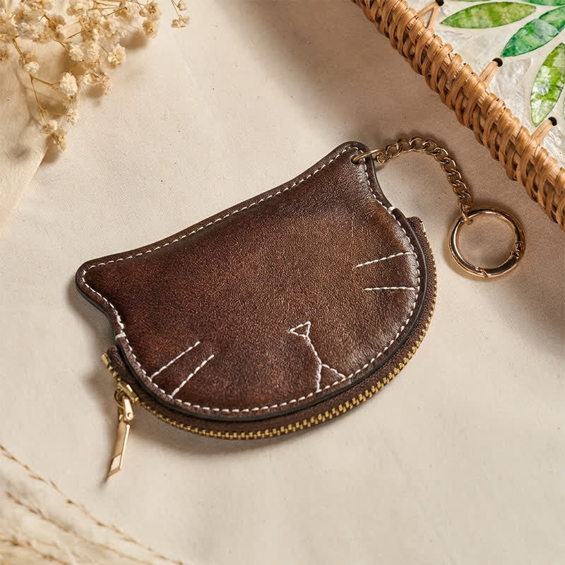 Buddha Stones Bolso de mano vintage con forma de gato, cremallera y dije de cuero. - image 3