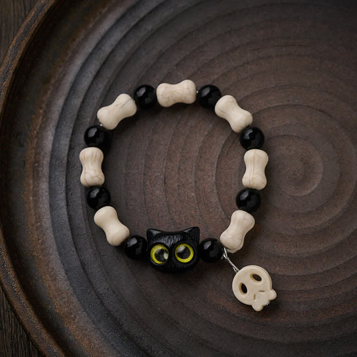 Buddha Stones Pulsera de fuerza con cuentas de calavera y gato negro - image 11
