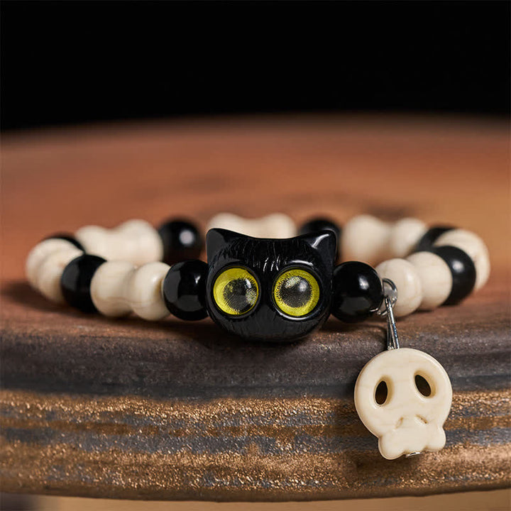Buddha Stones Pulsera de fuerza con cuentas de calavera y gato negro - Gato de ojos amarillos - image 8