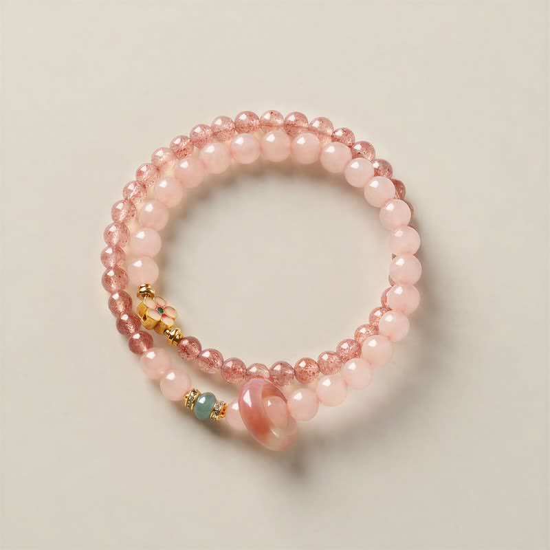 Buddha Stones Pulsera de doble vuelta con diseño de amor, cuarzo fresa natural, cuarzo rosa y flor de durazno. - image 1