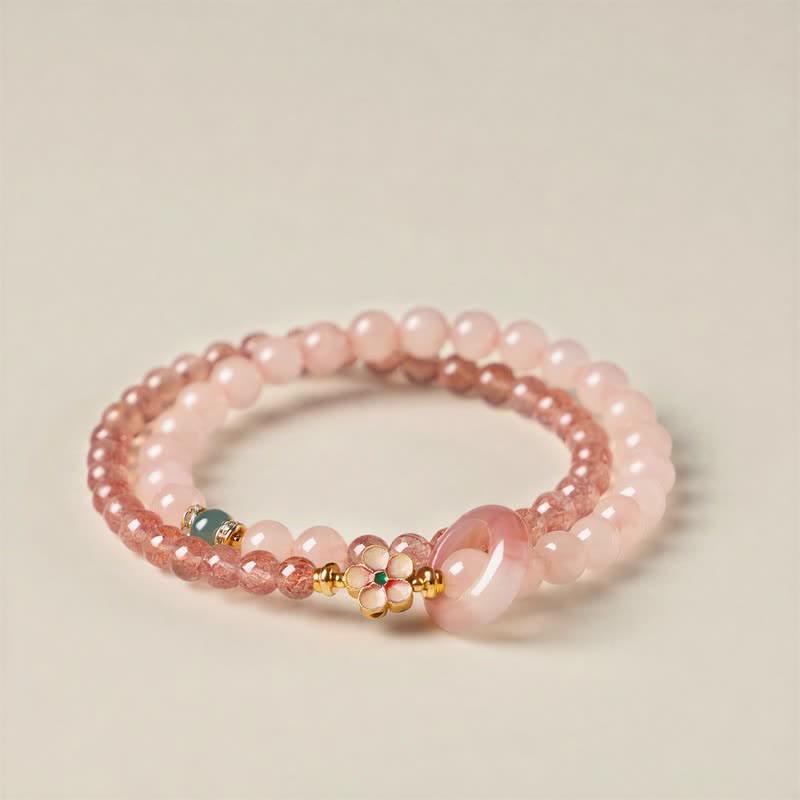 Buddha Stones Pulsera de doble vuelta con diseño de amor, cuarzo fresa natural, cuarzo rosa y flor de durazno. - Flor de durazno (circunferencia de la muñeca: 15-16 cm) - image 0