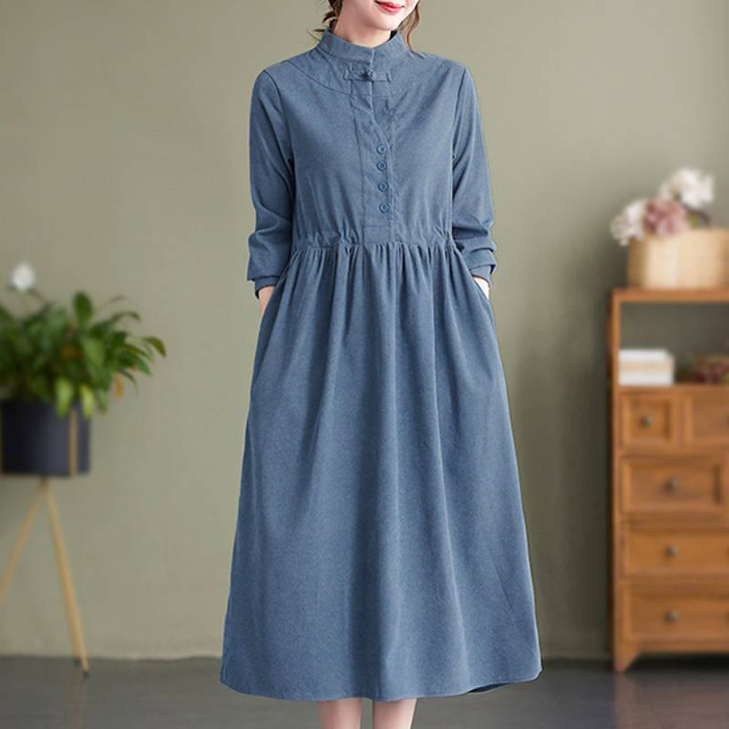 Buddha Stones Vestido de manga larga para mujer de pana lisa con cuello mandarín, estilo vintage, para otoño/invierno, con bolsillo. - image 1