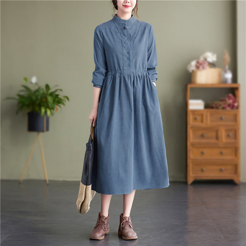 Buddha Stones Vestido de manga larga para mujer de pana lisa con cuello mandarín, estilo vintage, para otoño/invierno, con bolsillo. - Azul aciano - US8-10, UK/AU12-14, EU40-42 (2XL) - image 0