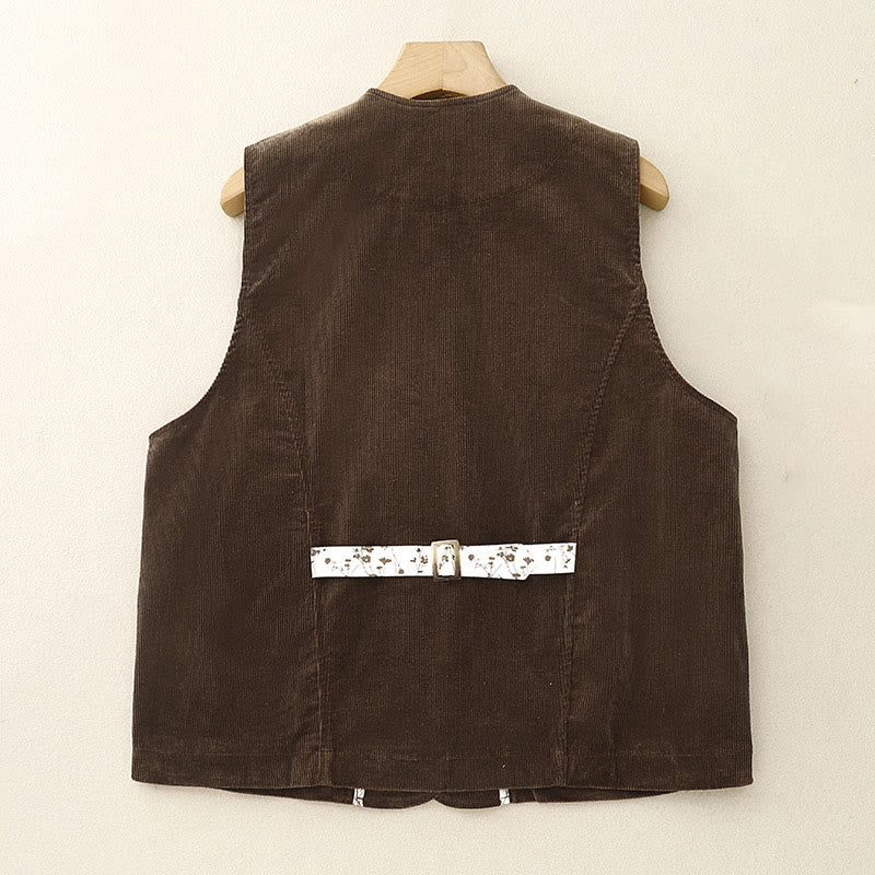 Buddha Stones Camiseta sin mangas de pana lisa con cuello en V y botones, estilo vintage, para mujer, con bolsillo, ideal para otoño e invierno. - image 1