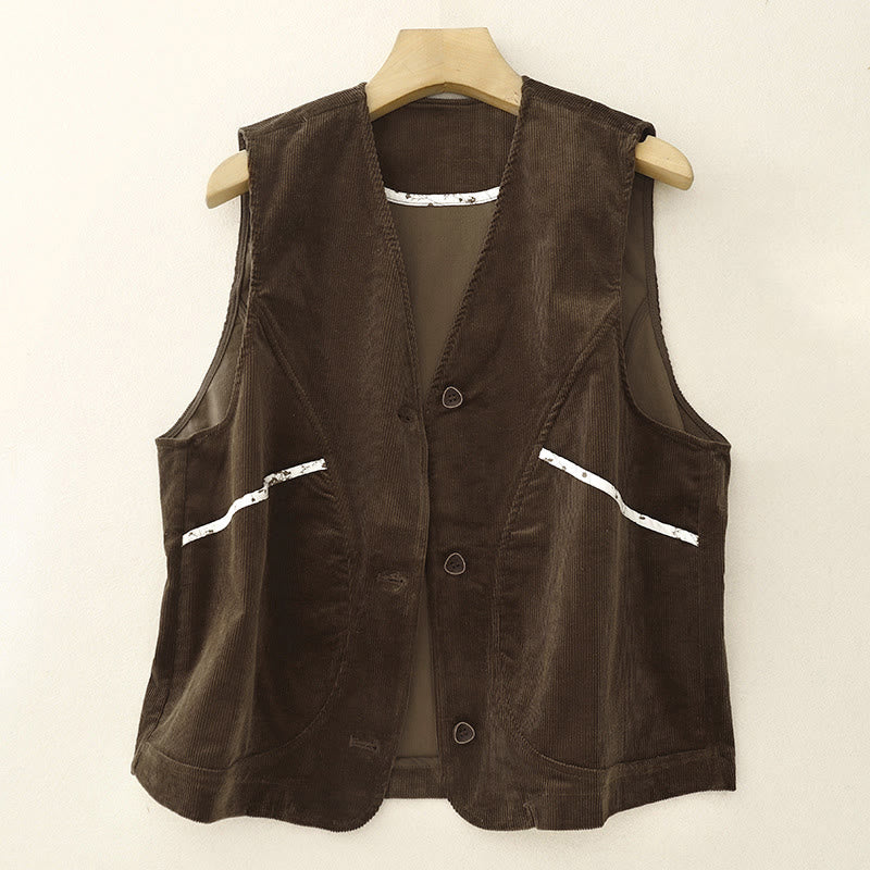 Buddha Stones Camiseta sin mangas de pana lisa con cuello en V y botones, estilo vintage, para mujer, con bolsillo, ideal para otoño e invierno. - Marrón silla de montar - US8-10, UK/AU12-14, EU40-42 (2XL) - image 0
