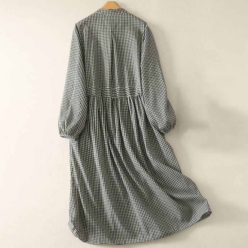Buddha Stones Vestido de manga larga a cuadros con cuello mandarín para mujer, estilo casual de primavera/otoño, con bolsillo. - image 1