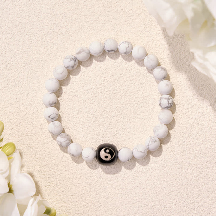Buddha Stones Pulsera de cuentas redondas con equilibrio Yin Yang, ónix negro y turquesa blanca - image 4