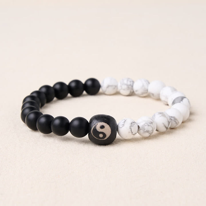 Buddha Stones Pulsera de cuentas redondas con equilibrio Yin Yang, ónix negro y turquesa blanca - Ónix negro y turquesa blanca - 5,9–6,3 pulgadas (15–16 cm) - image 10
