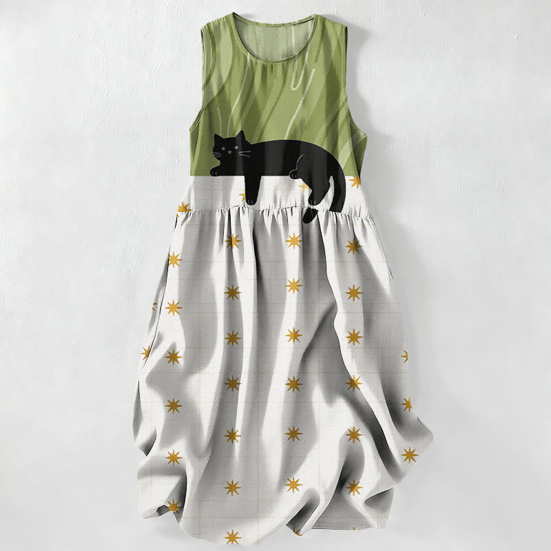 Buddha Stones Vestido midi de verano informal para mujer con estampado de estrellas y gato negro, sin mangas y con bolsillos. - Verde amarillento - US16，UK/AU20，EU48 (3XL) - image 0