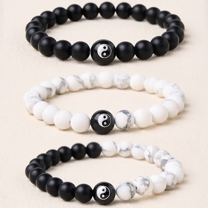 Buddha Stones Pulsera de equilibrio con cuentas redondas de ónix negro, turquesa blanca y yin yang de obsidiana negra. - image 23