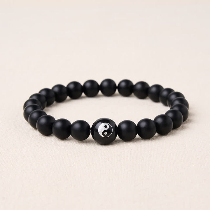 Buddha Stones Pulsera de equilibrio con cuentas redondas de ónix negro, turquesa blanca y yin yang de obsidiana negra. - Ónix negro - 5,9–6,3 pulgadas (15–16 cm) - image 1