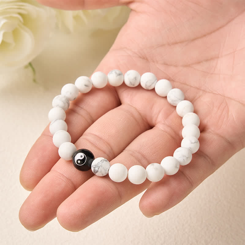 Buddha Stones Pulsera de equilibrio con cuentas redondas de ónix negro, turquesa blanca y yin yang de obsidiana negra. - image 14