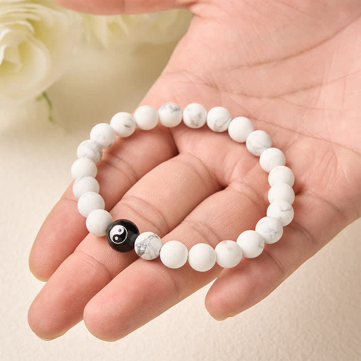 Buddha Stones Pulsera de equilibrio con cuentas redondas de ónix negro, turquesa blanca y yin yang de obsidiana negra. - image 14