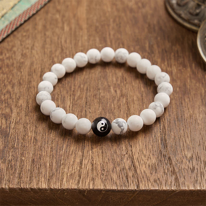 Buddha Stones Pulsera de equilibrio con cuentas redondas de ónix negro, turquesa blanca y yin yang de obsidiana negra. - image 13