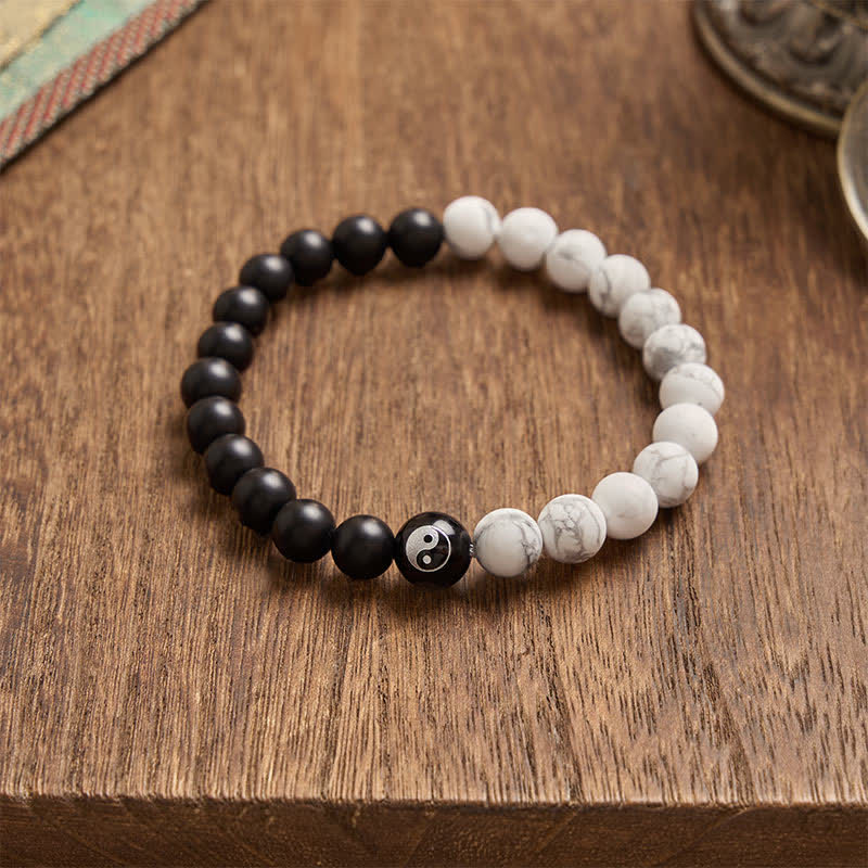 Buddha Stones Pulsera de equilibrio con cuentas redondas de ónix negro, turquesa blanca y yin yang de obsidiana negra. - image 18