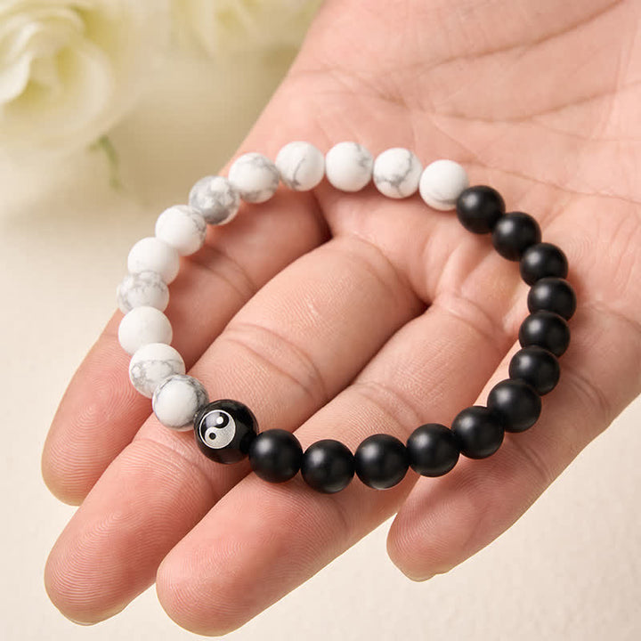 Buddha Stones Pulsera de equilibrio con cuentas redondas de ónix negro, turquesa blanca y yin yang de obsidiana negra. - image 19