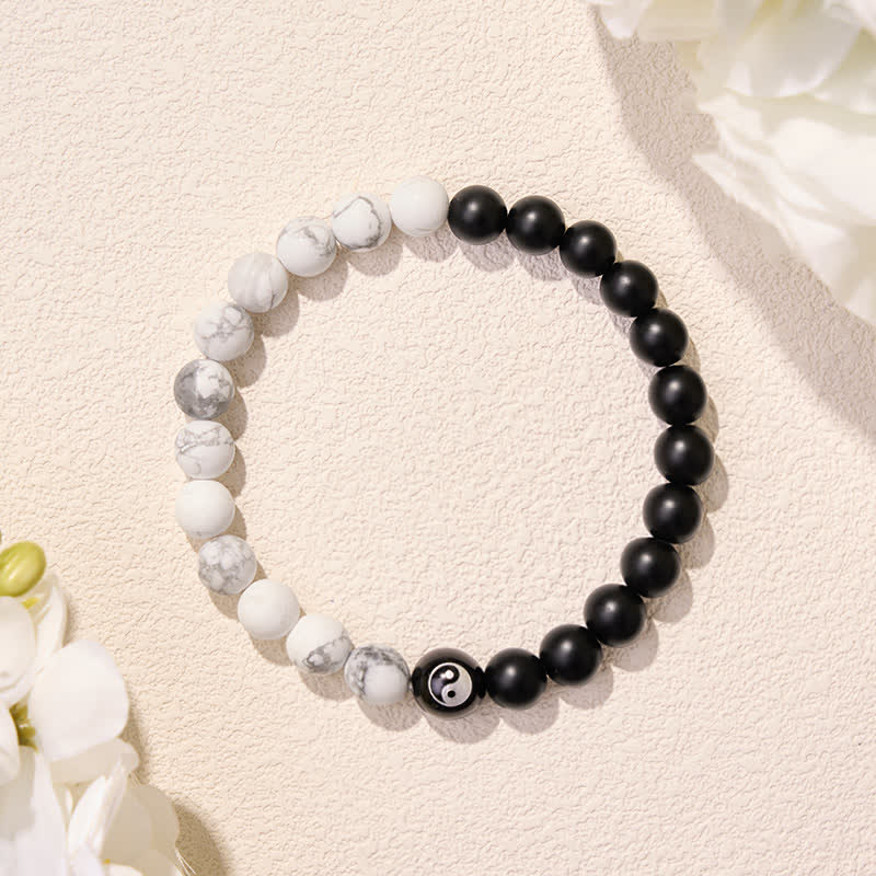 Buddha Stones Pulsera de equilibrio con cuentas redondas de ónix negro, turquesa blanca y yin yang de obsidiana negra. - image 20