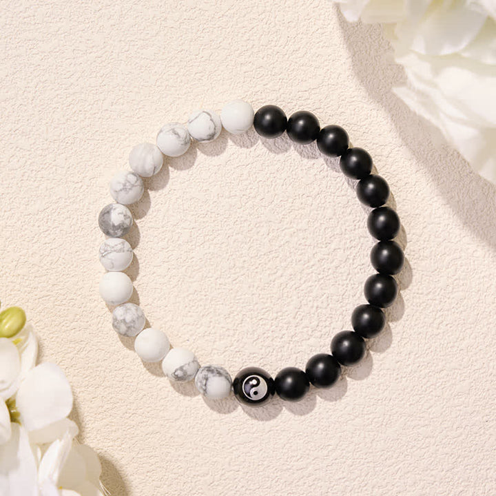 Buddha Stones Pulsera de equilibrio con cuentas redondas de ónix negro, turquesa blanca y yin yang de obsidiana negra. - image 20