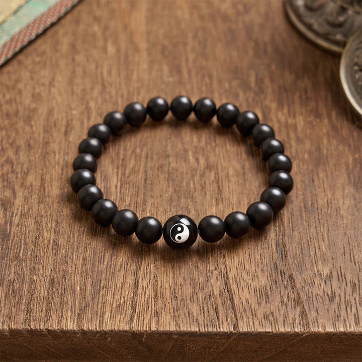 Buddha Stones Pulsera de equilibrio con cuentas redondas de ónix negro, turquesa blanca y yin yang de obsidiana negra. - image 3