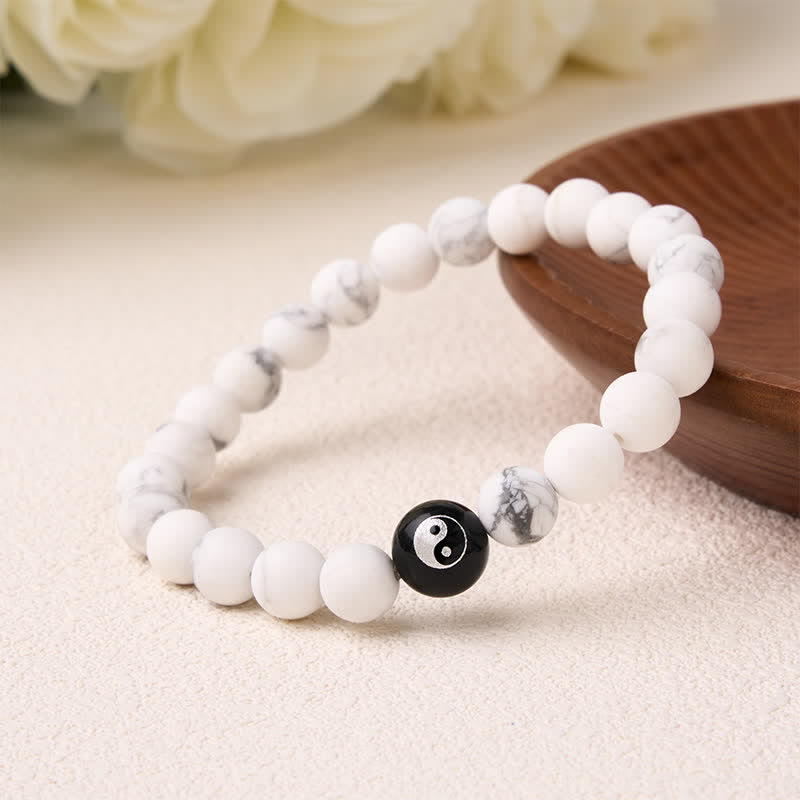 Buddha Stones Pulsera de equilibrio con cuentas redondas de ónix negro, turquesa blanca y yin yang de obsidiana negra. - image 12