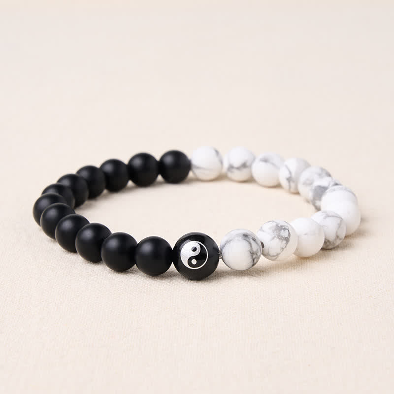 Buddha Stones Pulsera de equilibrio con cuentas redondas de ónix negro, turquesa blanca y yin yang de obsidiana negra. - Ónix negro y turquesa blanca - 5,9–6,3 pulgadas (15–16 cm) - image 16