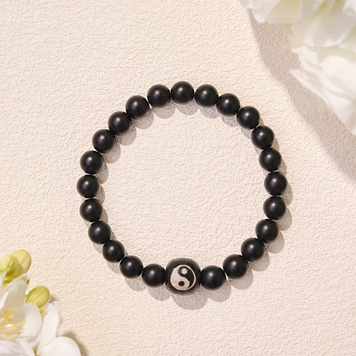 Buddha Stones Pulsera de equilibrio con cuentas redondas de ónix negro, turquesa blanca y yin yang de obsidiana negra. - image 5