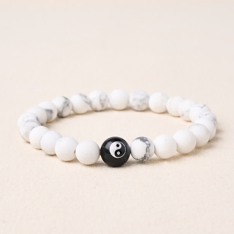 Buddha Stones Pulsera de equilibrio con cuentas redondas de ónix negro, turquesa blanca y yin yang de obsidiana negra. - Turquesa blanca - 5,9–6,3 pulgadas (15–16 cm) - image 11