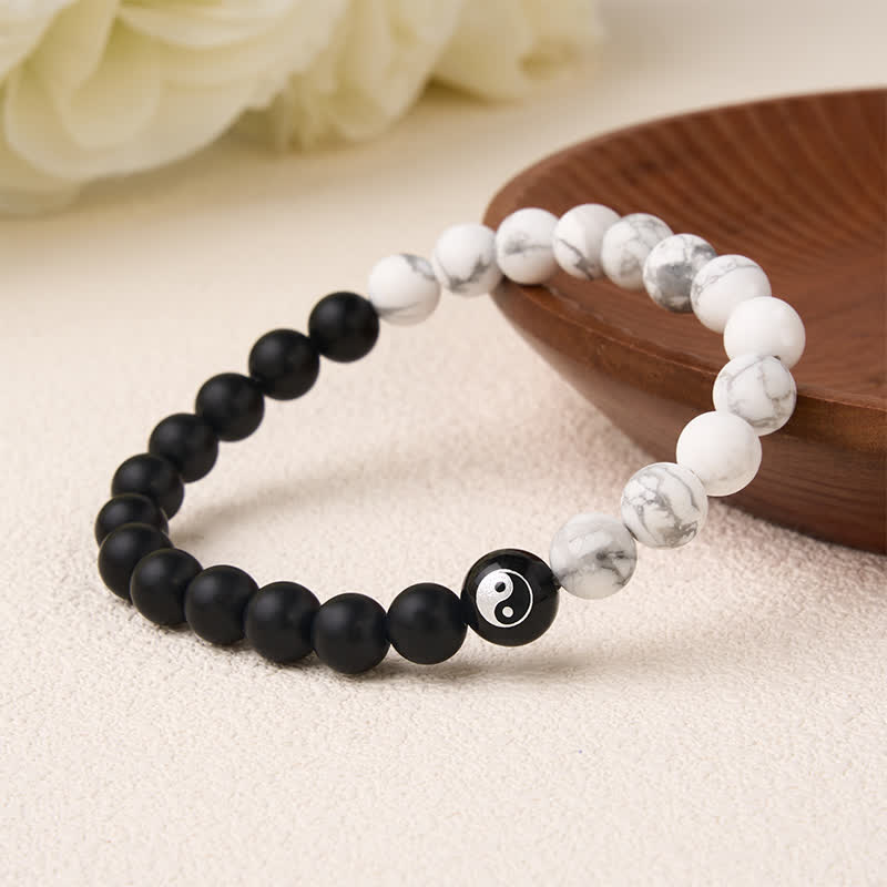 Buddha Stones Pulsera de equilibrio con cuentas redondas de ónix negro, turquesa blanca y yin yang de obsidiana negra. - image 19