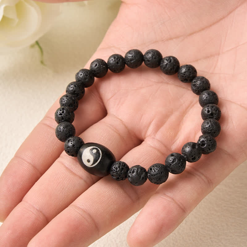 Buddha Stones Pulsera de soporte con cuentas Yin Yang de ónix negro y roca volcánica - image 3