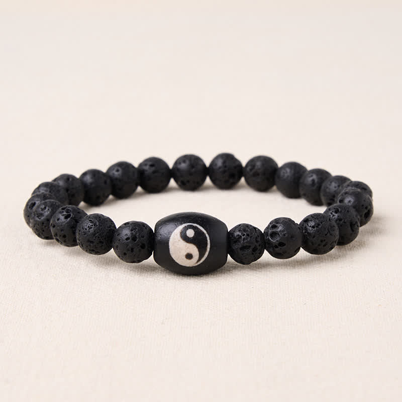 Buddha Stones Pulsera de soporte con cuentas Yin Yang de ónix negro y roca volcánica - Roca volcánica (circunferencia de la muñeca: 15-16 cm) - image 0