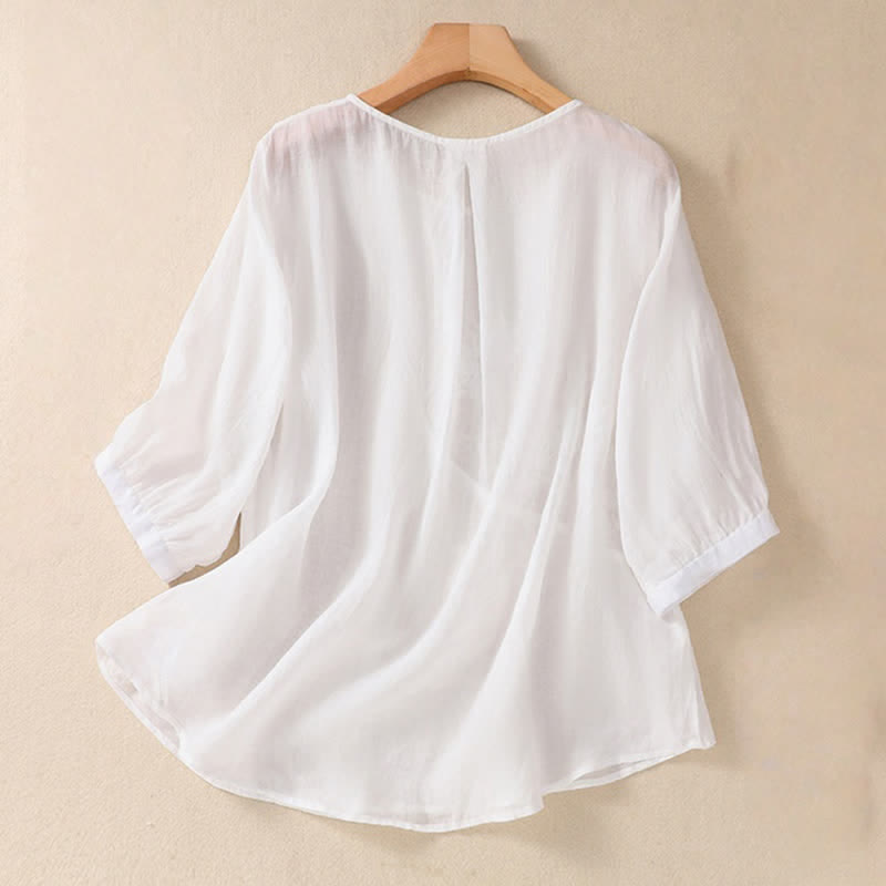 Camiseta de manga corta para mujer con cuello redondo y diseño de flores bordadas con Buddha Stones. - image 8