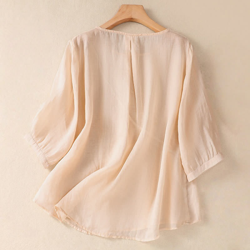 Camiseta de manga corta para mujer con cuello redondo y diseño de flores bordadas con Buddha Stones. - image 23
