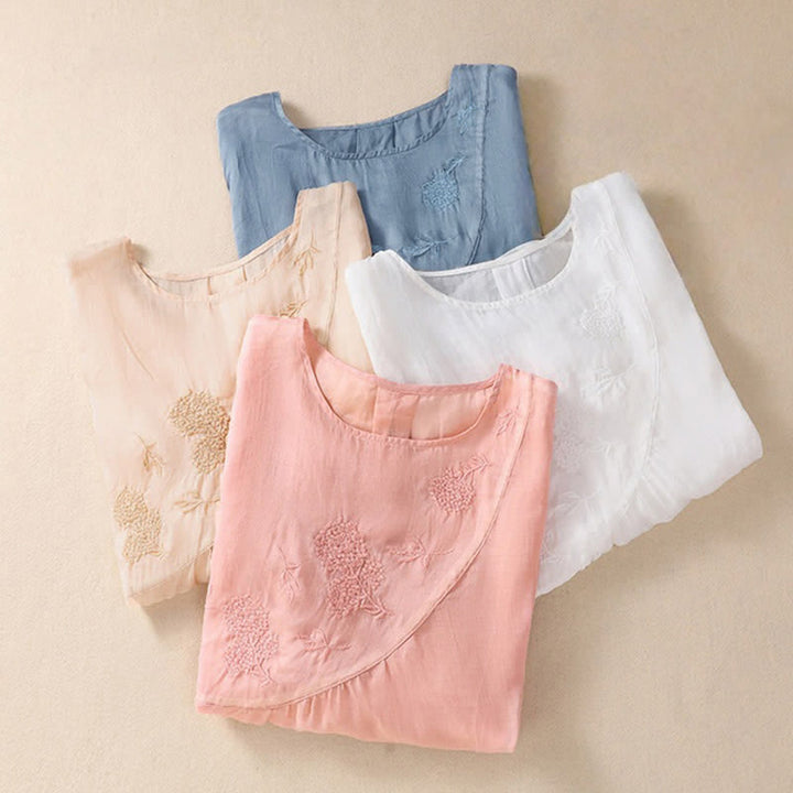 Camiseta de manga corta para mujer con cuello redondo y diseño de flores bordadas con Buddha Stones. - image 27