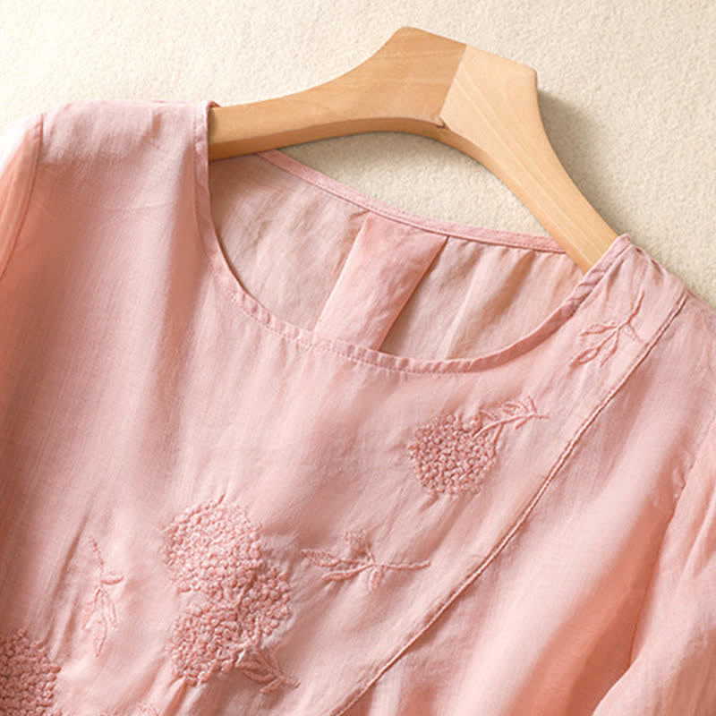Camiseta de manga corta para mujer con cuello redondo y diseño de flores bordadas con Buddha Stones. - image 16