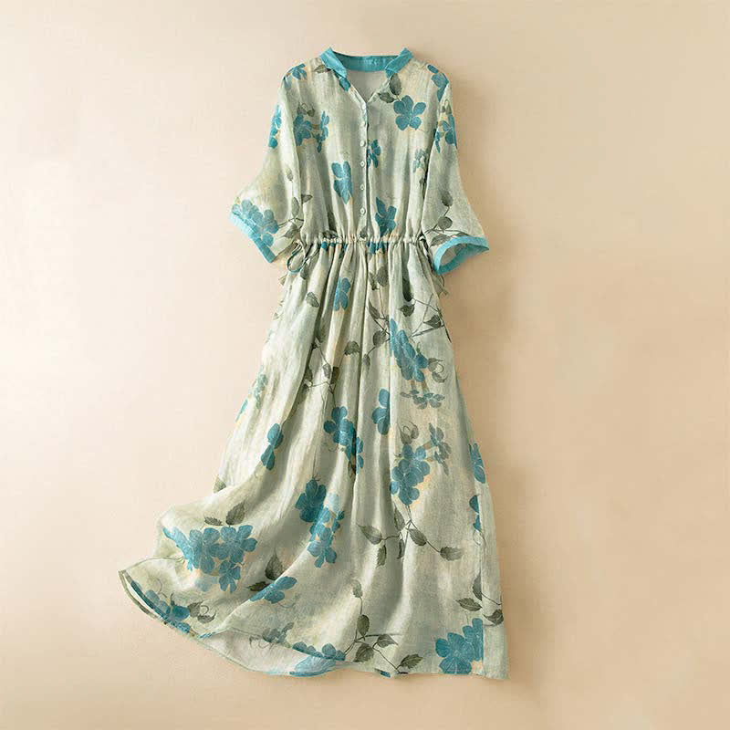 Vestido midi de manga corta con estampado floral en contraste de colores y estampado de Buddha Stones, con bolsillos. - Verde claro - US12, UK/AU16, EU44 (3XL) - image 0