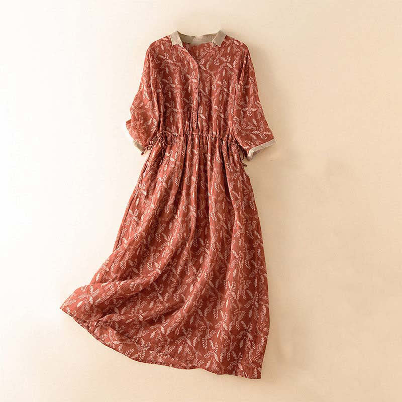 Vestido midi de manga corta con estampado floral en contraste de colores y estampado de Buddha Stones, con bolsillos. - Ladrillo refractario - US12, UK/AU16, EU44 (3XL) - image 19