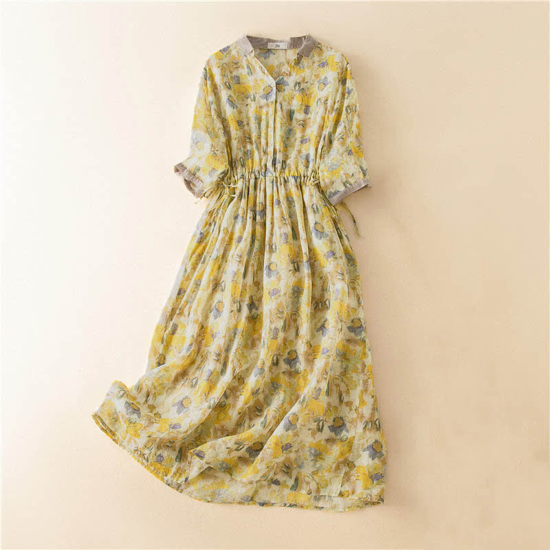 Vestido midi de manga corta con estampado floral en contraste de colores y estampado de Buddha Stones, con bolsillos. - Amarillo - US12, UK/AU16, EU44 (3XL) - image 13