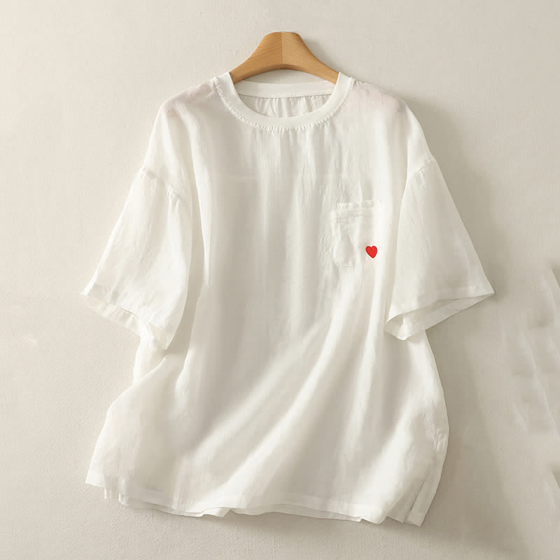 Camiseta de manga corta para mujer con bordado informal de corazón rojo y Buddha Stones. - Blanco - US14，UK/AU18，EU46 (2XL) - image 3