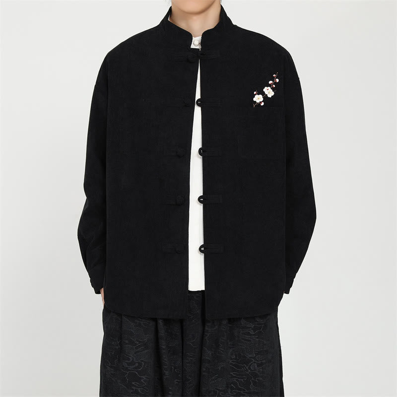 Buddha Stones Chaqueta de hombre de pana con bordado floral y botones de rana estilo Tang vintage para otoño/invierno con bolsillo de parche. - Negro - US/UK/AU46, EU56 (5XL) - image 0