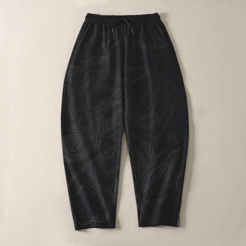 Buddha Stones Pantalones de hombre de algodón puro con estampado de ondas de dragón místico, cordón ajustable y corte cónico, con bolsillos. - image 2