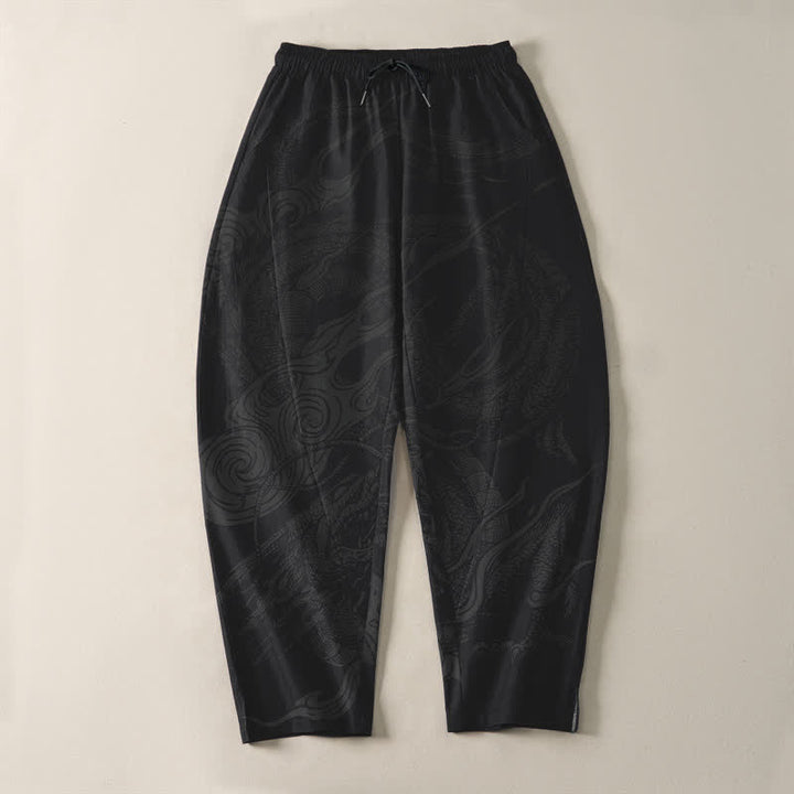 Buddha Stones Pantalones de hombre de algodón puro con estampado de ondas de dragón místico, cordón ajustable y corte cónico, con bolsillos. - image 2