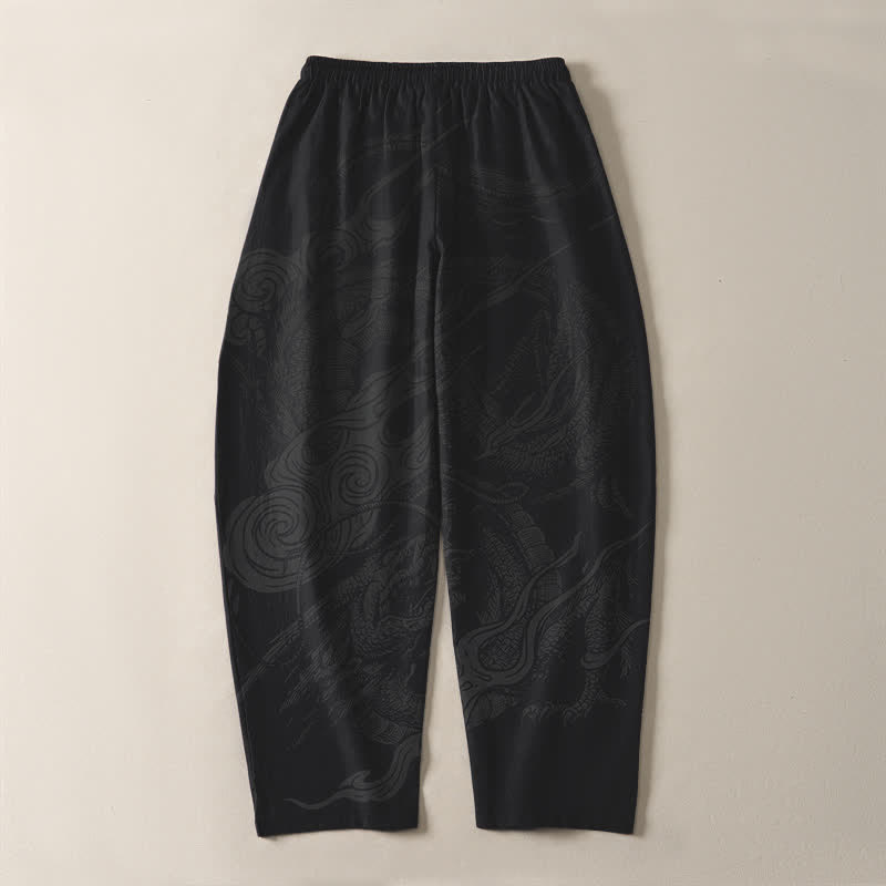 Buddha Stones Pantalones de hombre de algodón puro con estampado de ondas de dragón místico, cordón ajustable y corte cónico, con bolsillos. - image 3