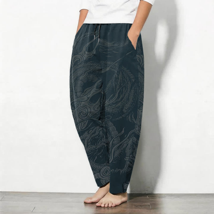 Buddha Stones Pantalones de hombre de algodón puro con estampado de ondas de dragón místico, cordón ajustable y corte cónico, con bolsillos. - image 8