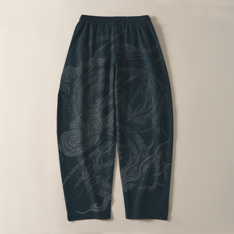 Buddha Stones Pantalones de hombre de algodón puro con estampado de ondas de dragón místico, cordón ajustable y corte cónico, con bolsillos. - image 10