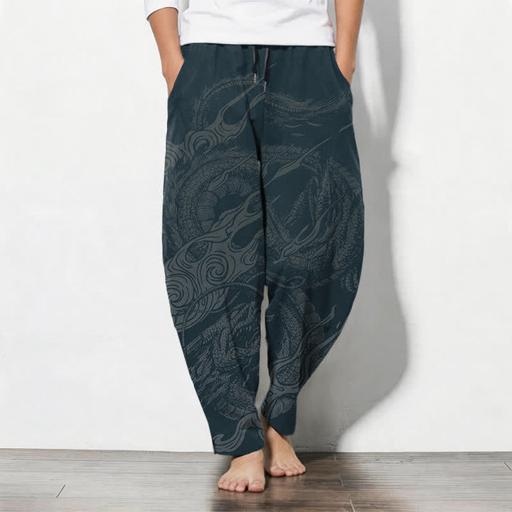 Buddha Stones Pantalones de hombre de algodón puro con estampado de ondas de dragón místico, cordón ajustable y corte cónico, con bolsillos. - Azul acero - US/UK/AU50, EU60 (5XL) - image 7