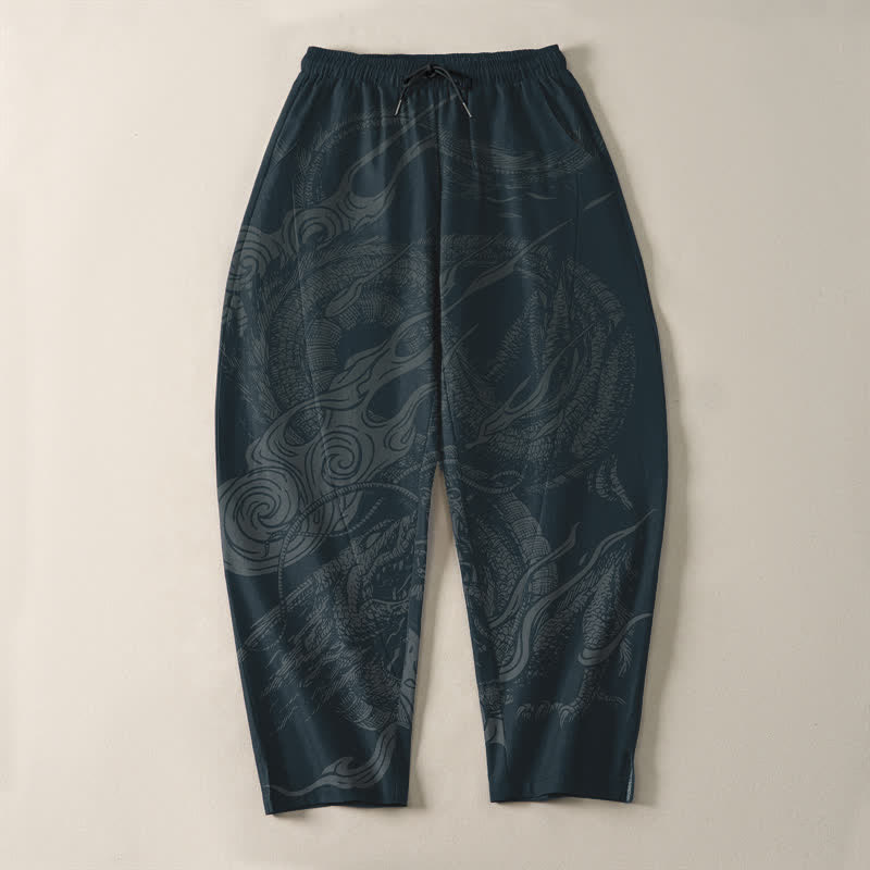 Buddha Stones Pantalones de hombre de algodón puro con estampado de ondas de dragón místico, cordón ajustable y corte cónico, con bolsillos. - image 9