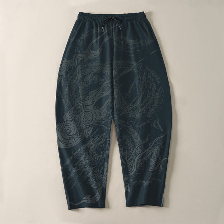 Buddha Stones Pantalones de hombre de algodón puro con estampado de ondas de dragón místico, cordón ajustable y corte cónico, con bolsillos. - image 9