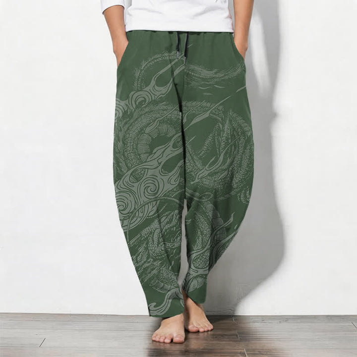 Buddha Stones Pantalones de hombre de algodón puro con estampado de ondas de dragón místico, cordón ajustable y corte cónico, con bolsillos. - Verdemar - US/UK/AU50, EU60 (5XL) - image 11
