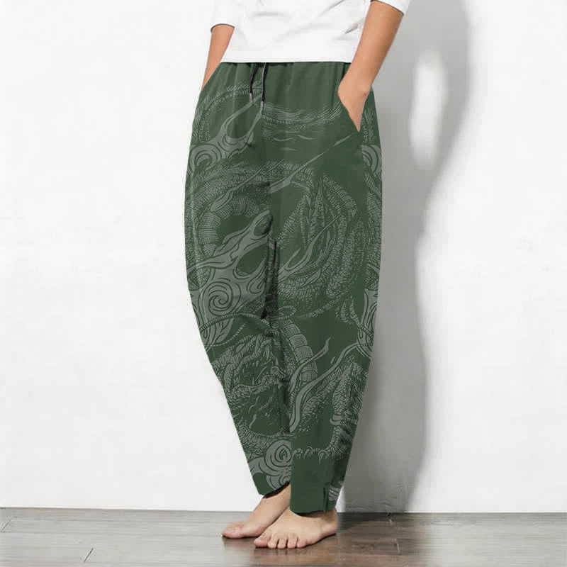 Buddha Stones Pantalones de hombre de algodón puro con estampado de ondas de dragón místico, cordón ajustable y corte cónico, con bolsillos. - image 12